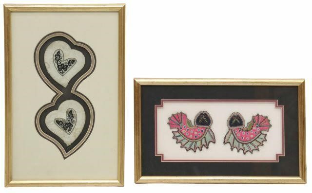  2 FRAMED CHINESE DECORATIVE TEXTILE 35a47f