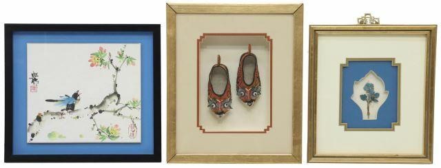 (3) CHINESE SHADOWBOX SHOES, HAIRPIN,