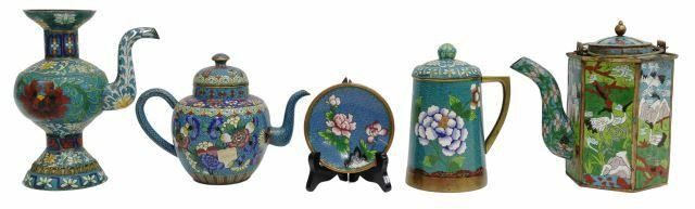 (5) ASIAN CLOISONNE ENAMEL EWER, TEAPOT,