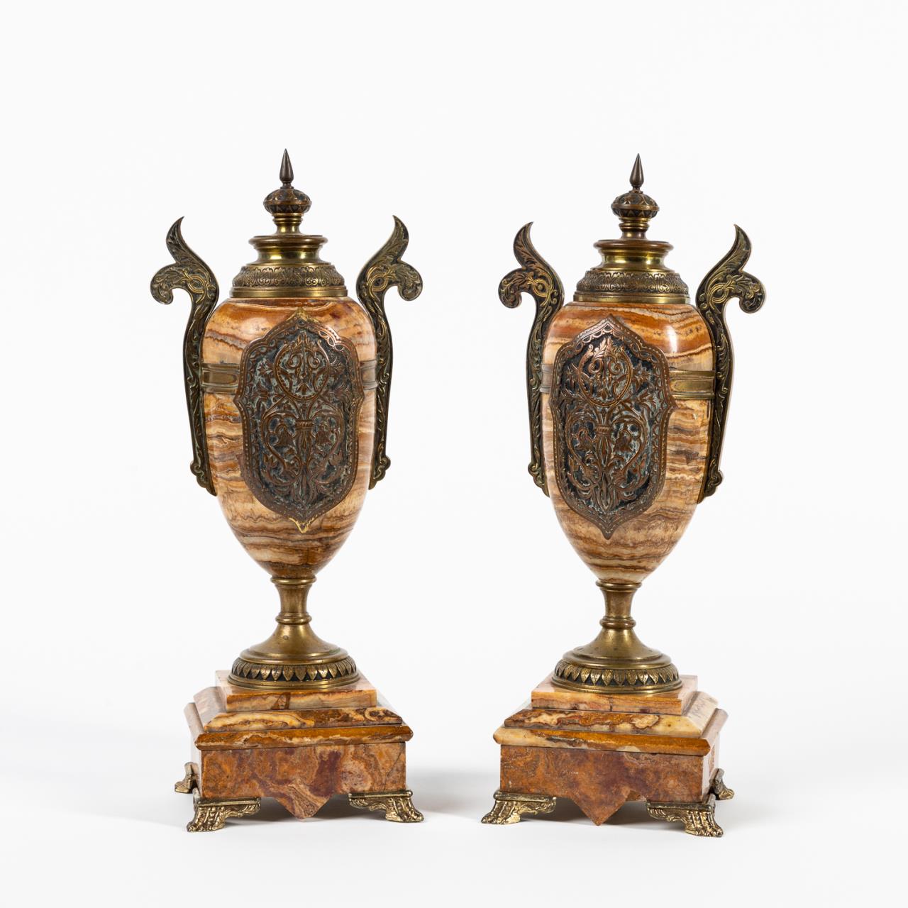 PAIR, MARBLE GARNITURE URNS Pair