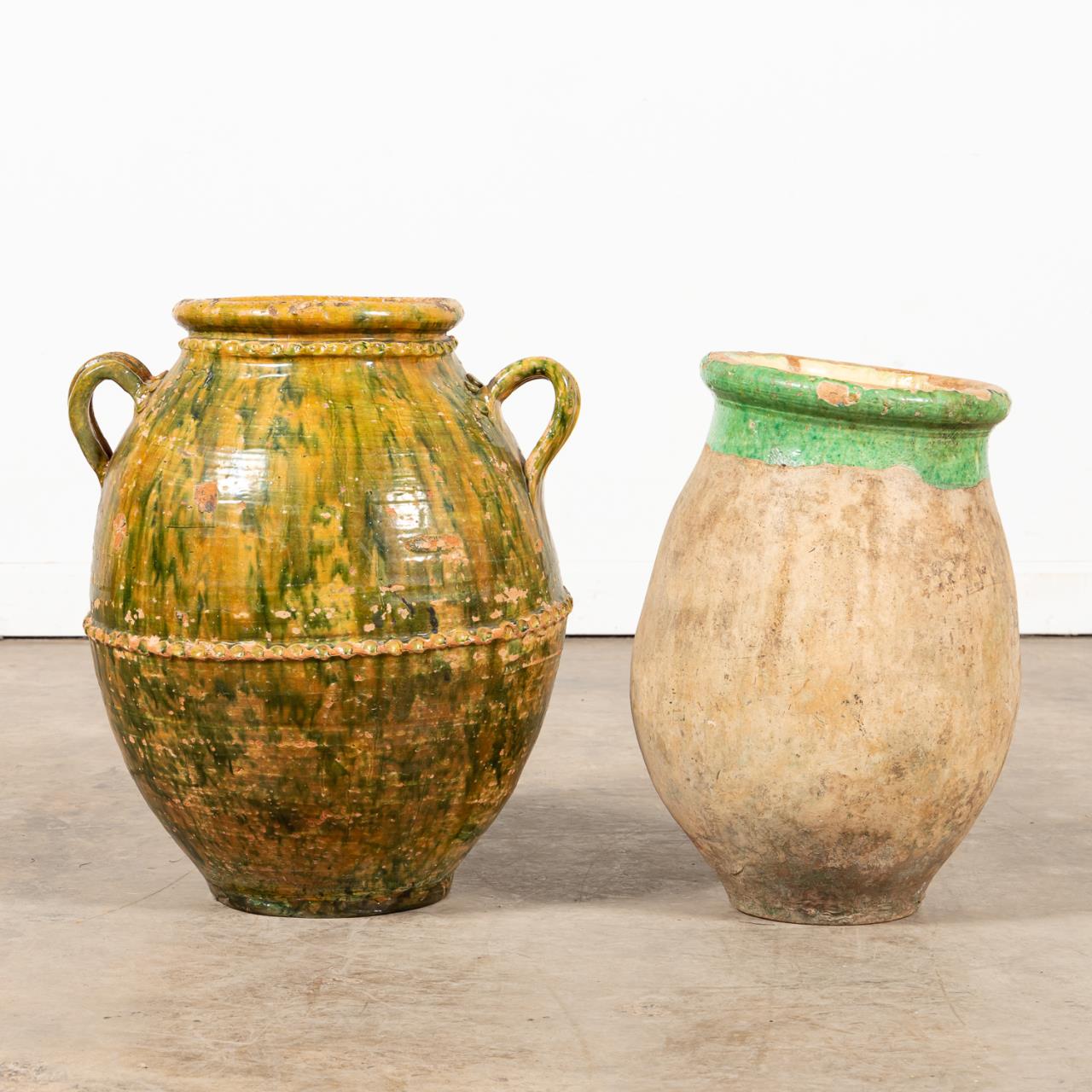 2 PCS, CONTINENTAL GLAZED POTTERY OLIVE