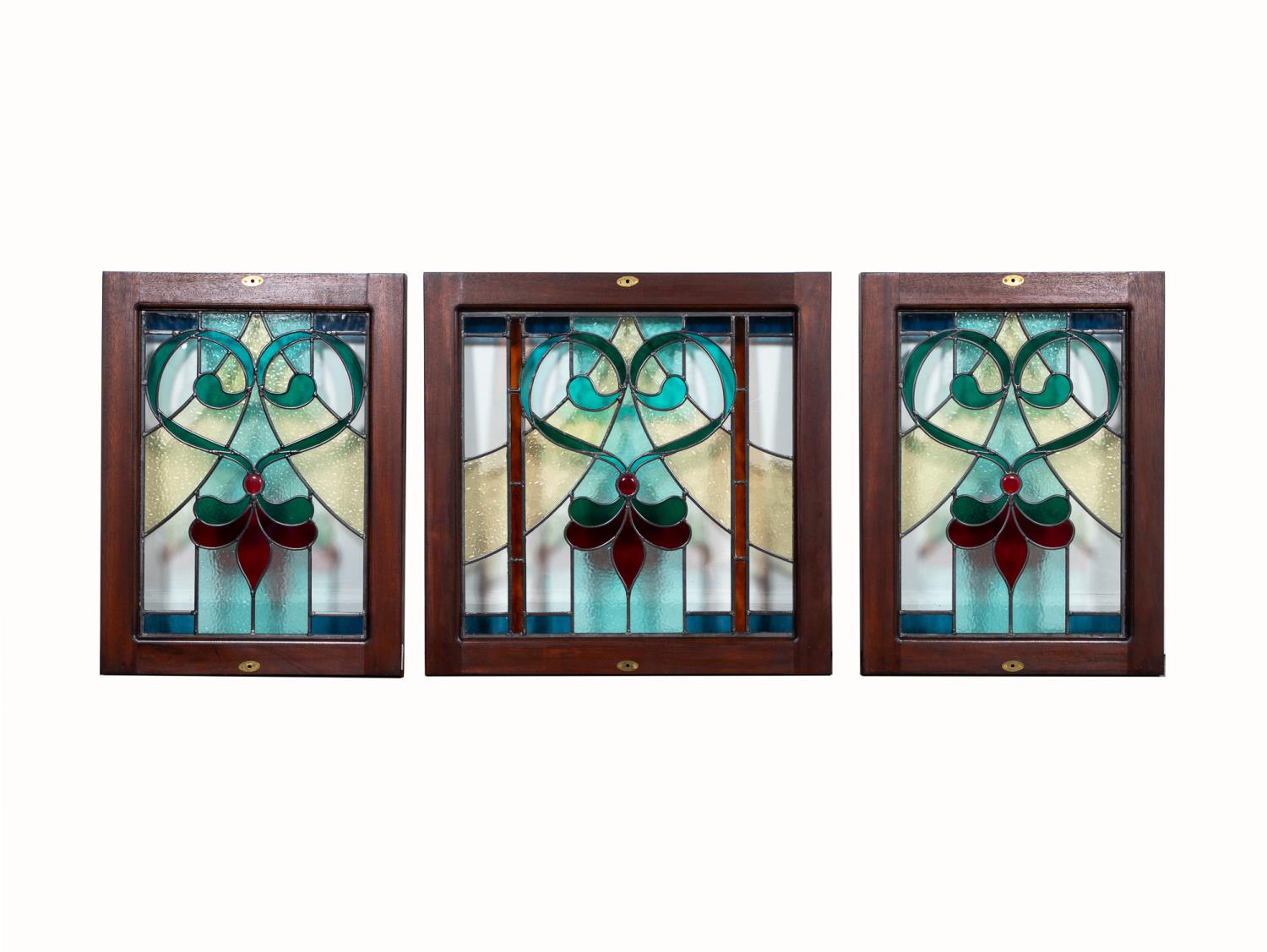 SET OF THREE, STAINED & LEADED GLASS