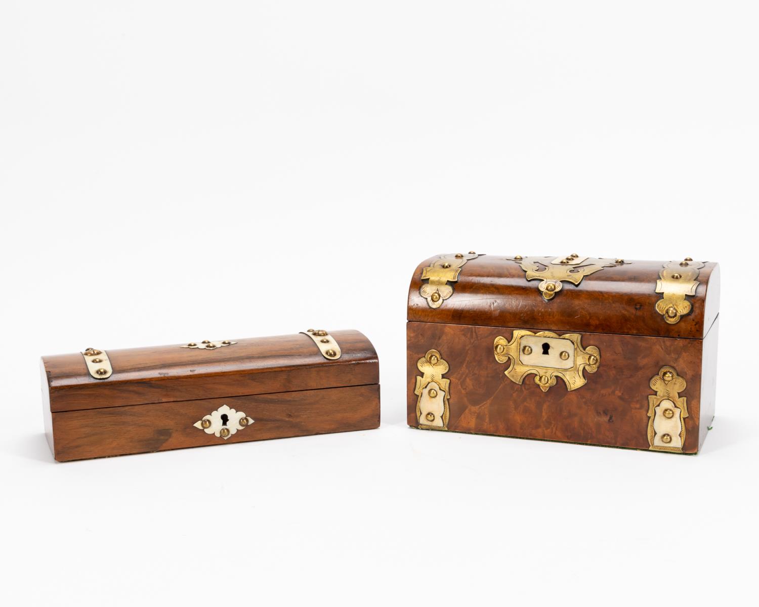 19TH C. BRASS BOUND BURL TEA CADDY