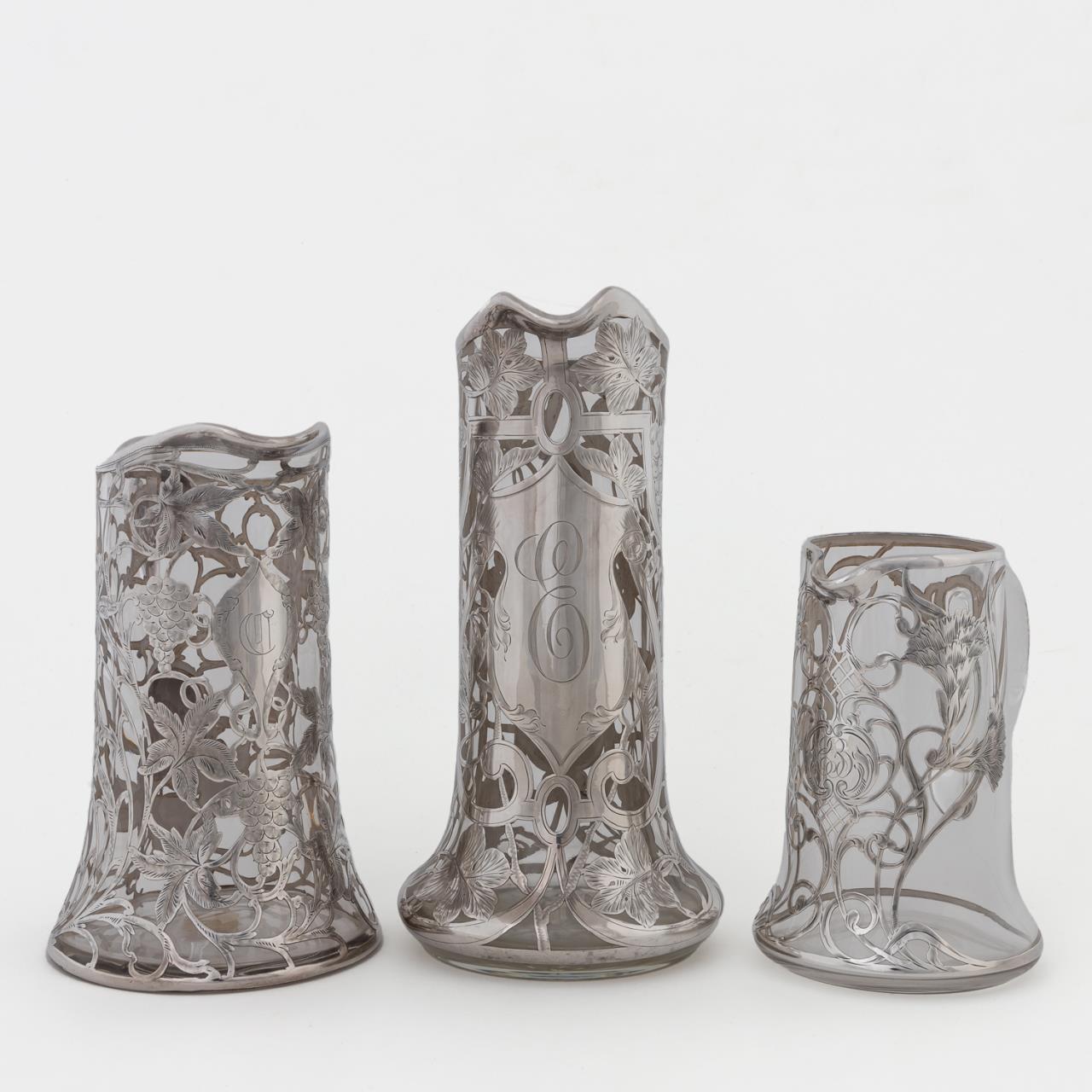 3 PCS, SILVER OVERLAY ART NOUVEAU PITCHERS