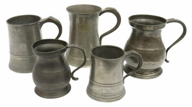  5 PEWTER MUGS MEASURES 19TH 35a776