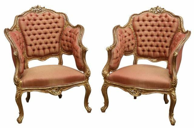 (2) LOUIS XV STYLE GILTWOOD TUFTED