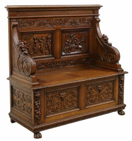 FRENCH BRETON CARVED OAK HALL BENCHFrench 35a887
