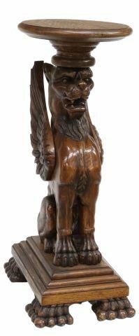 CARVED OAK SEATED GRIFFIN PEDESTAL 35a889