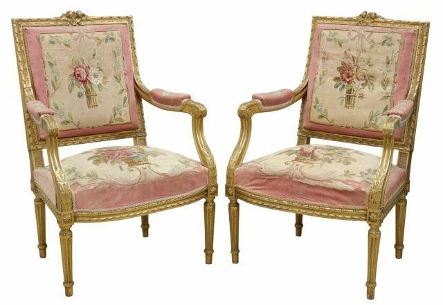  2 LOUIS XVI STYLE GILTWOOD TAPESTRY 35a934