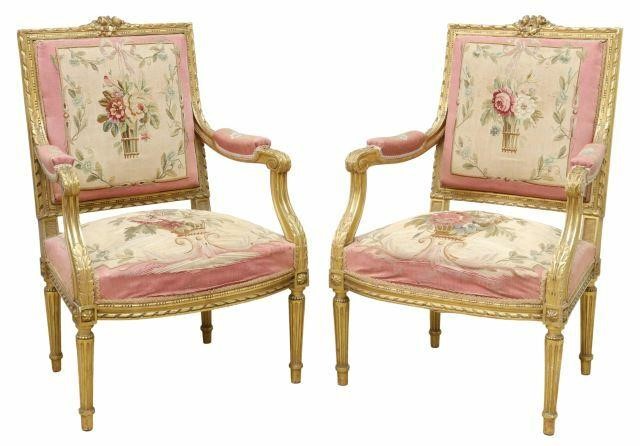  2 LOUIS XVI STYLE GILTWOOD TAPESTRY 35a935