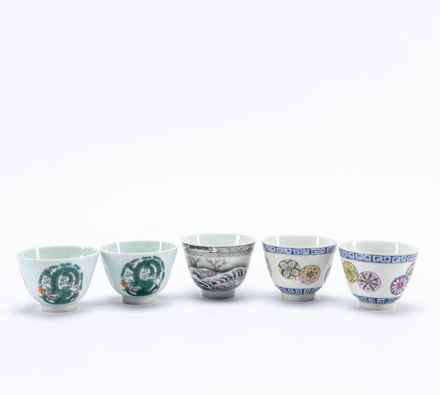 FIVE SMALL CHINESE CUPS, TWO PAIRS