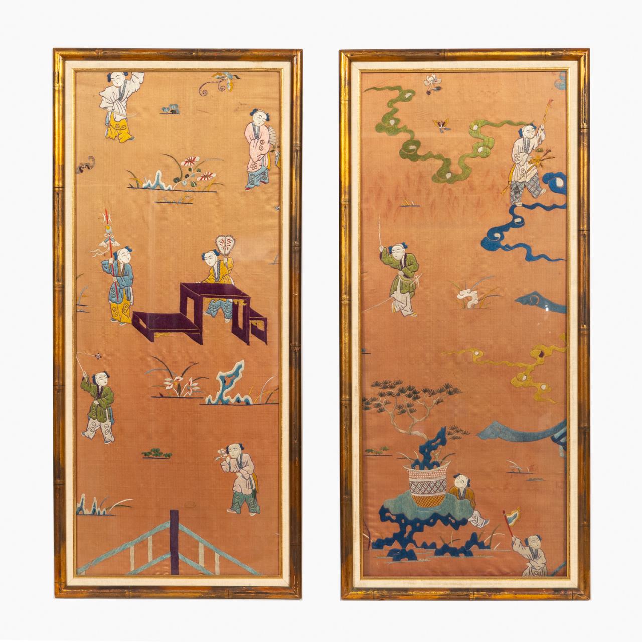 PAIR, CHINESE FRAMED FIGURAL EMBROIDERY