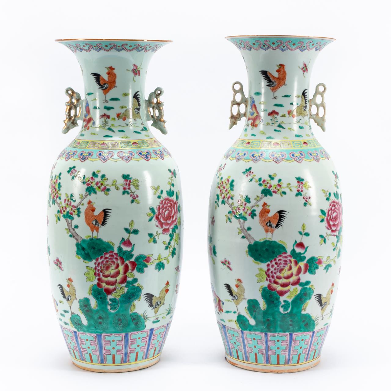PAIR, CHINESE PEONY & ROOSTER PORCELAIN