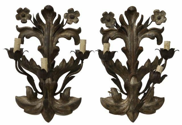  2 ITALIAN FLORAL CARVED THREE LIGHT 35aa61