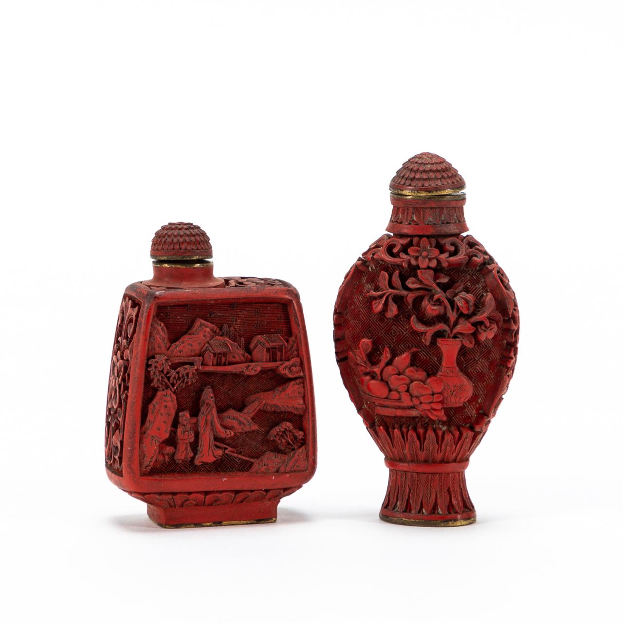 CHINESE TWO CARVED CINNABAR SNUFF