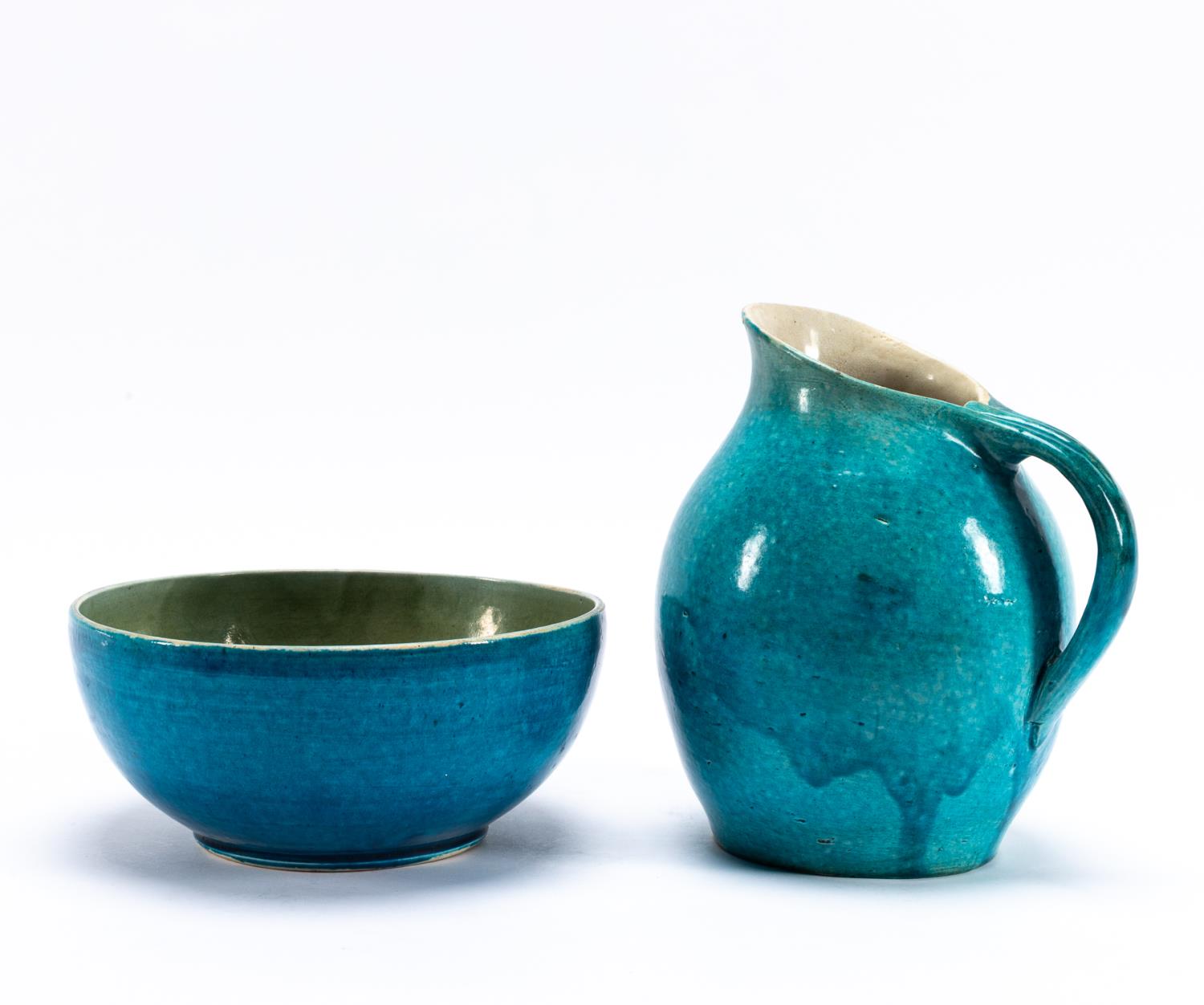 2 PCS, BLUE GLAZED POTTERY PITCHER