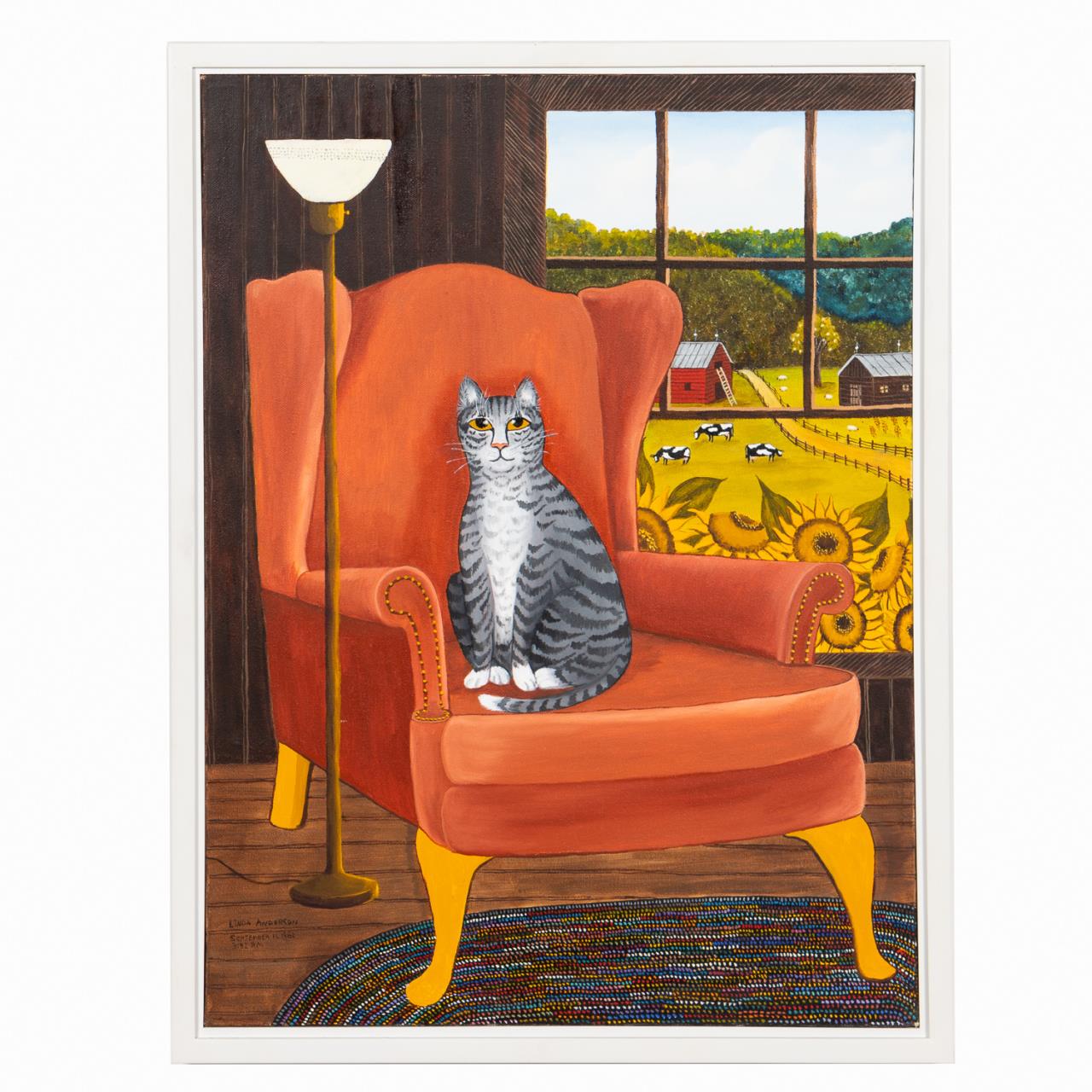 LINDA  ANDERSON, CAT ON CHAIR,