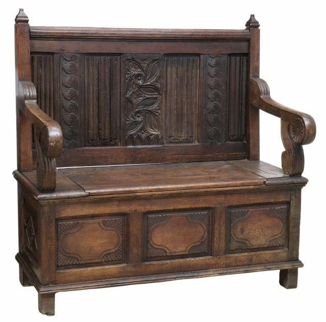 FRENCH CARVED OAK HALL BENCH 19TH 35acb8