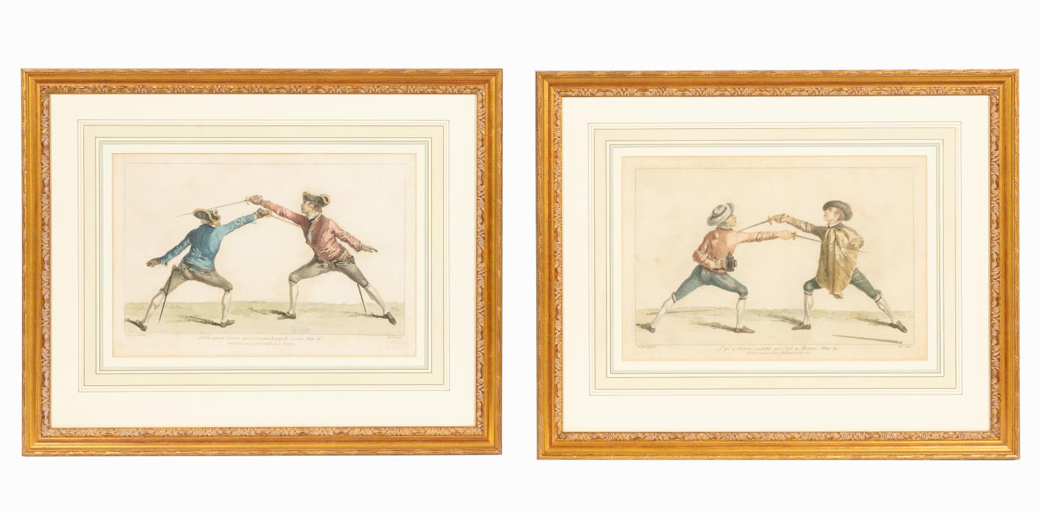 PAIR, 18TH C. HAND-COLORED SPORTING