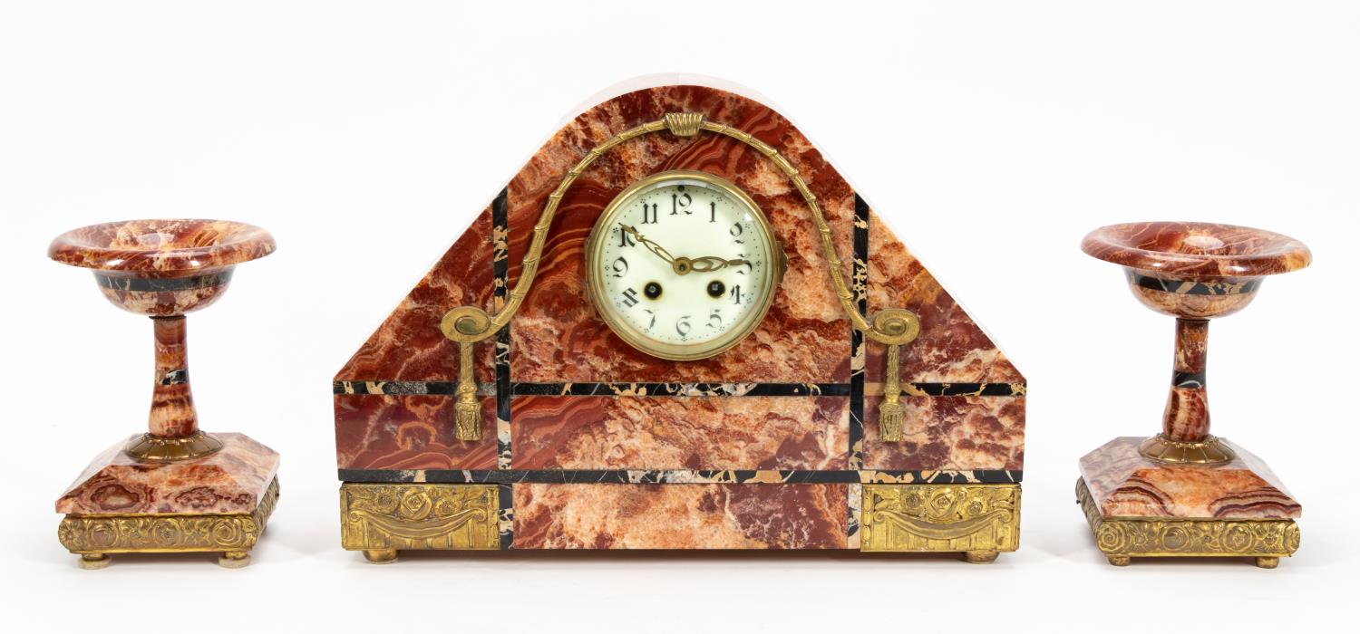 THREE PIECE ART DECO MARBLE CLOCK