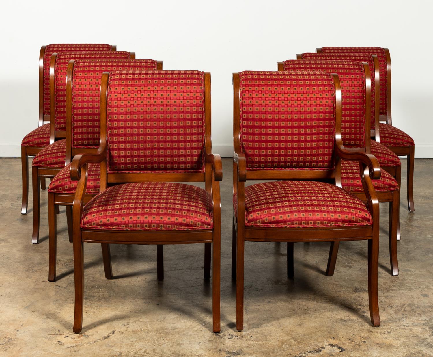 SET, EIGHT RED SQUARE UPHOLSTERED