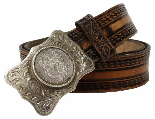 TOOLED LEATHER BELT MORGAN DOLLAR 35b025