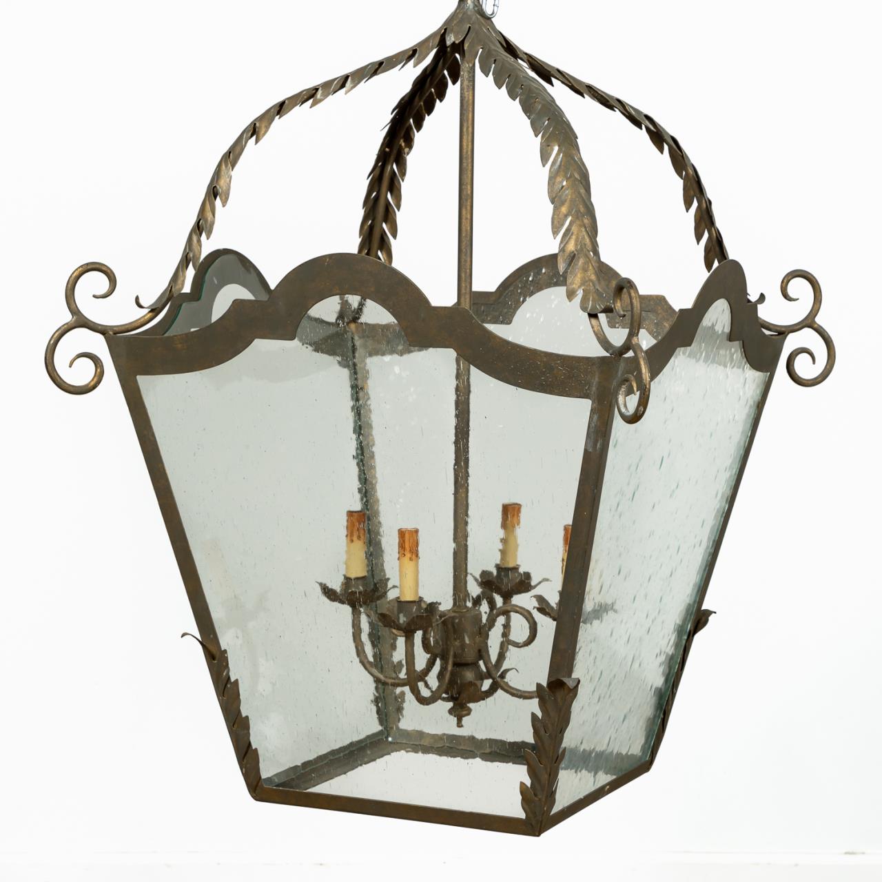 SCROLLED IRON & GLASS LANTERN-FORM