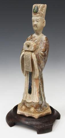 CHINESE SANCAI CLAY FIGURE ON WOOD