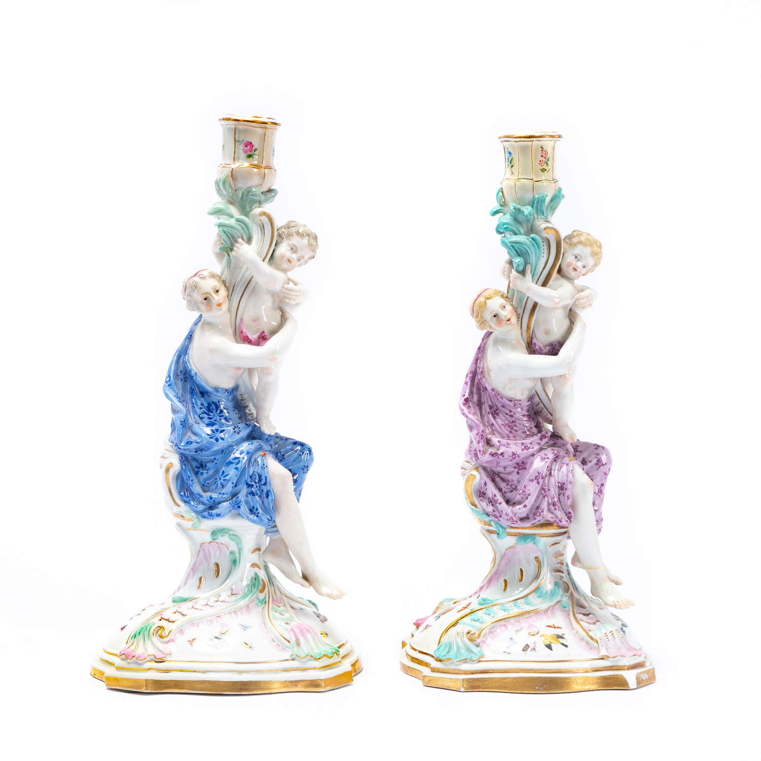 TWO MEISSEN FIGURAL PORCELAIN CANDLESTICKS 35b17a