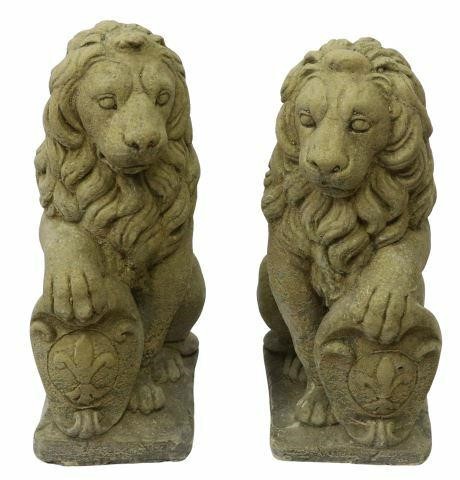 (2) CAST STONE SEATED LIONS W/