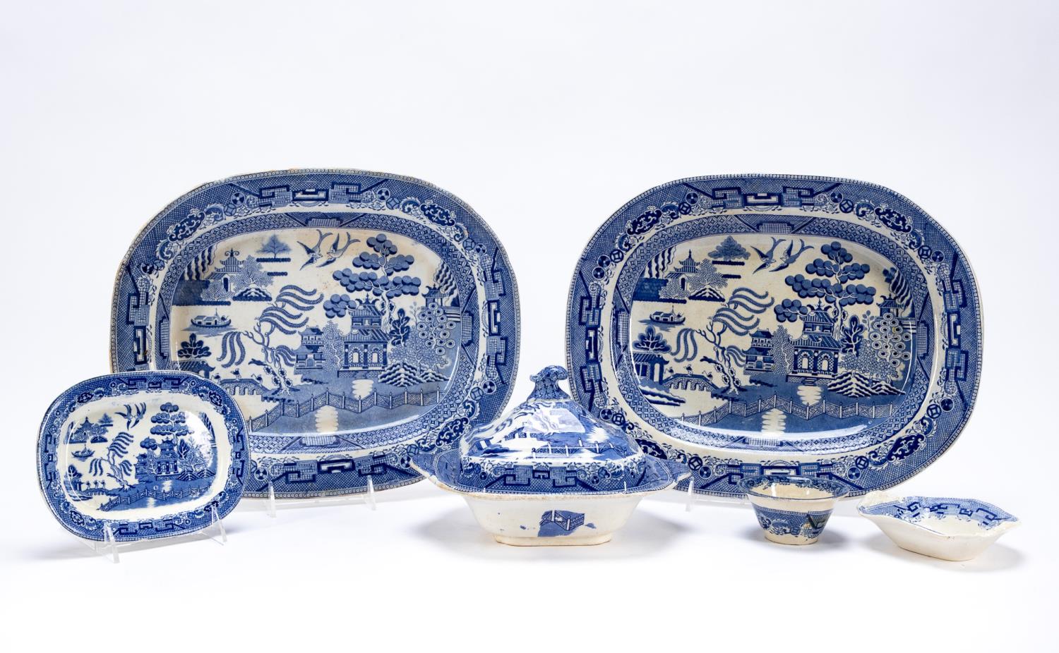 6 PCS STAFFORDSHIRE BLUE WILLOW TRANSFERWARE