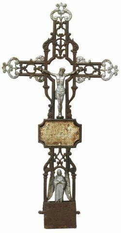 PAINTED CAST IRON CROSS, 19TH C.Painted