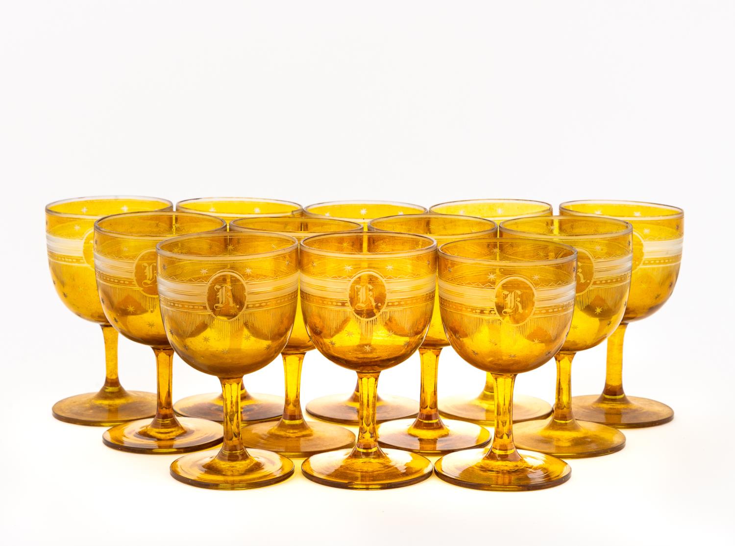 MONOGRAMMED AMBER GLASS STEMWARE,