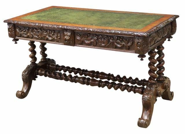 ENGLISH CARVED OAK LEATHER-TOP