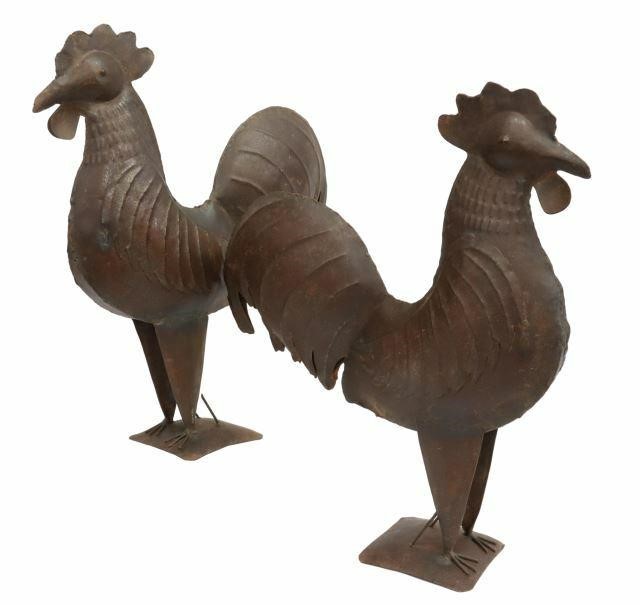 (PAIR) OXIDIZED STEEL ROOSTER SCULPTURES(pair)