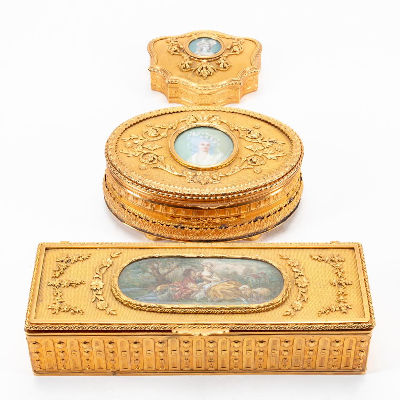 3 FRENCH GILT DRESSER BOXES W/