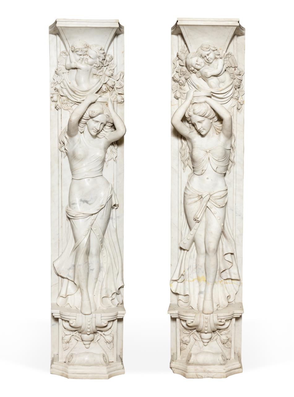 PAIR WHITE MARBLE FIGURAL PILASTERS  359075