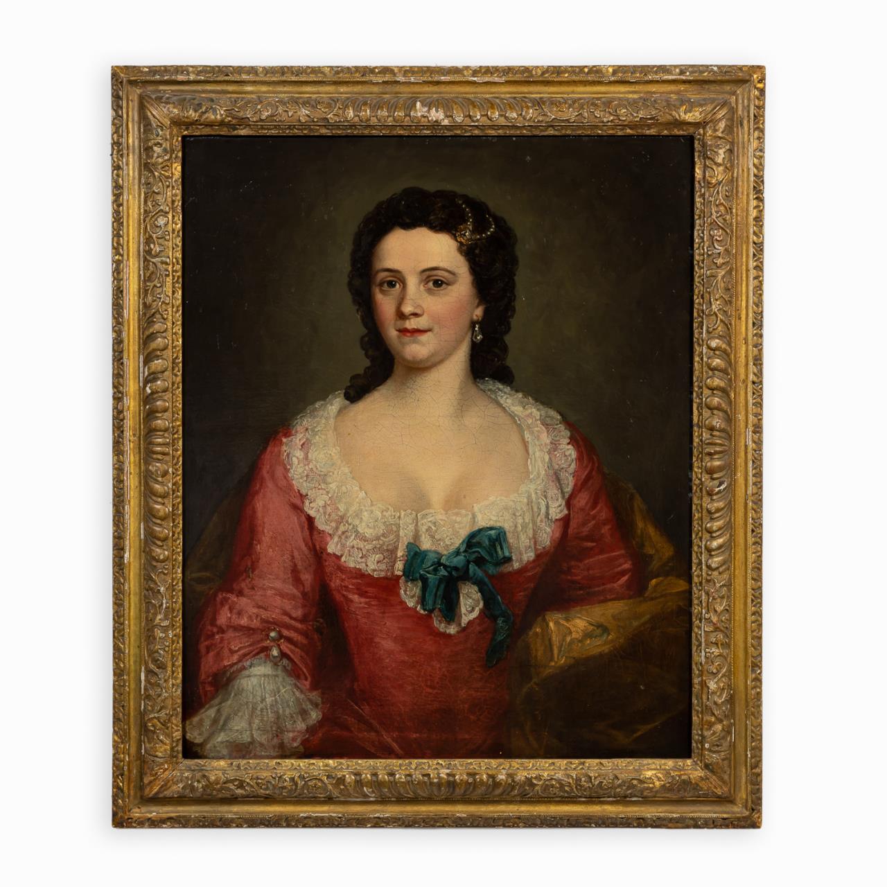 19TH C. LADY WITH BLUE BOW, OIL