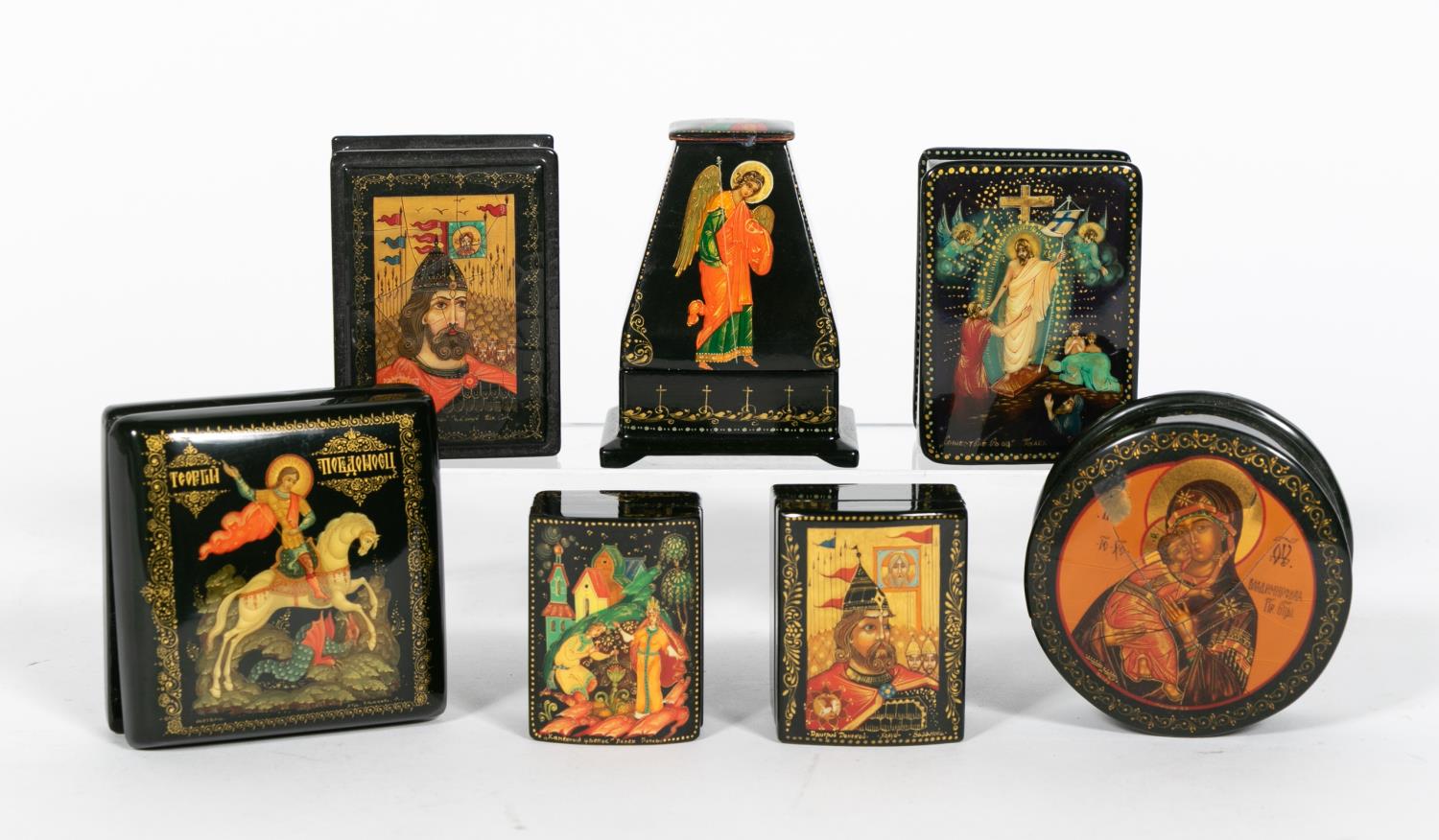 7 SIGNED RUSSIAN LACQUER BOXES,