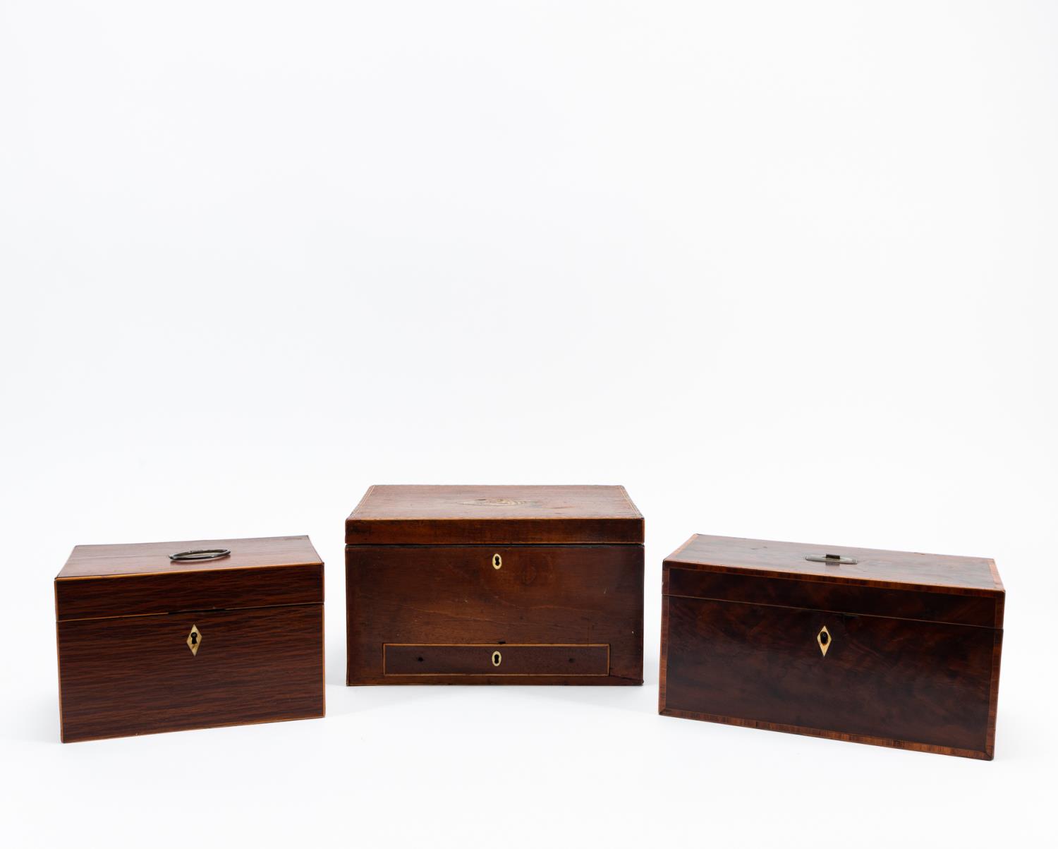 THREE 19TH C. MAHOGANY TEA CADDIES