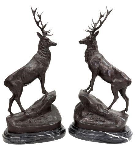  2 PATINATED BRONZE STAGS AFTER 3591b9