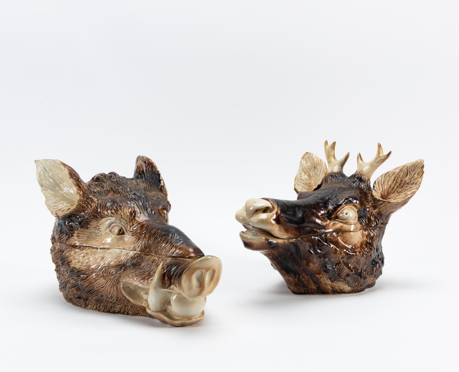 20TH C. BOAR'S & STAG'S HEAD EARTHENWARE