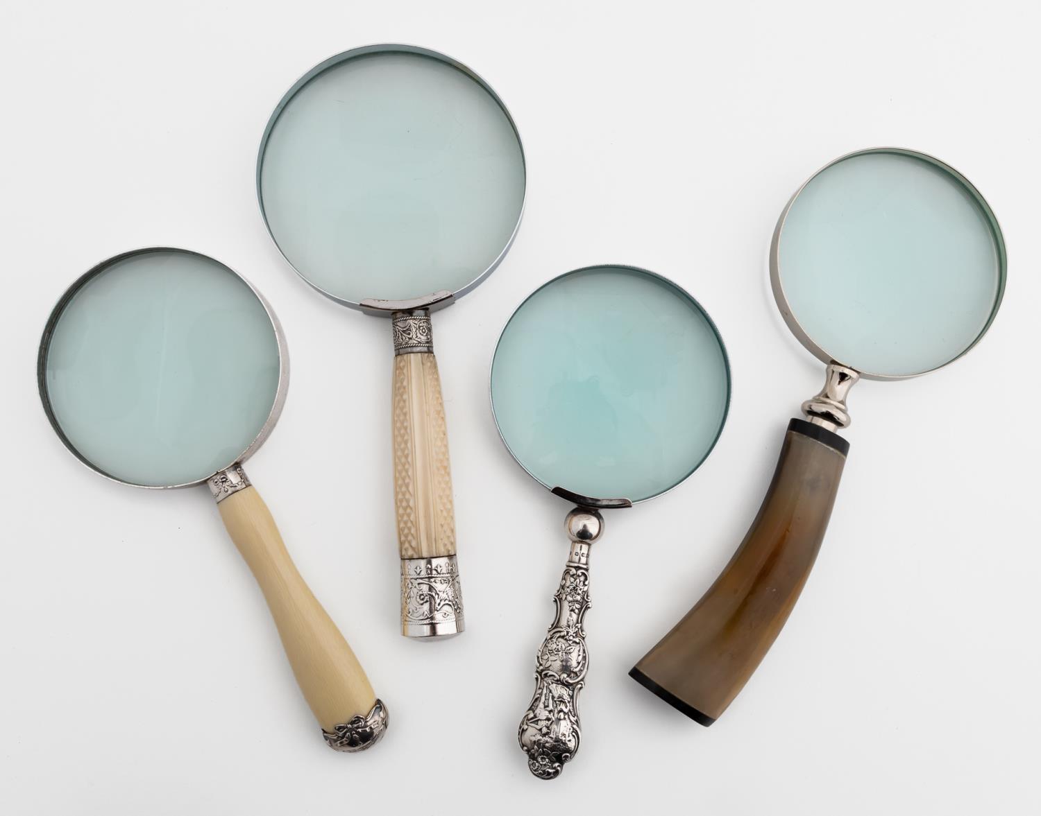 FOUR MAGNIFYING GLASSES, BONE, HORN,