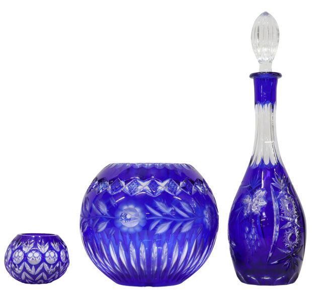 (3) COBALT-CUT-TO-CLEAR GLASS DECANTER,