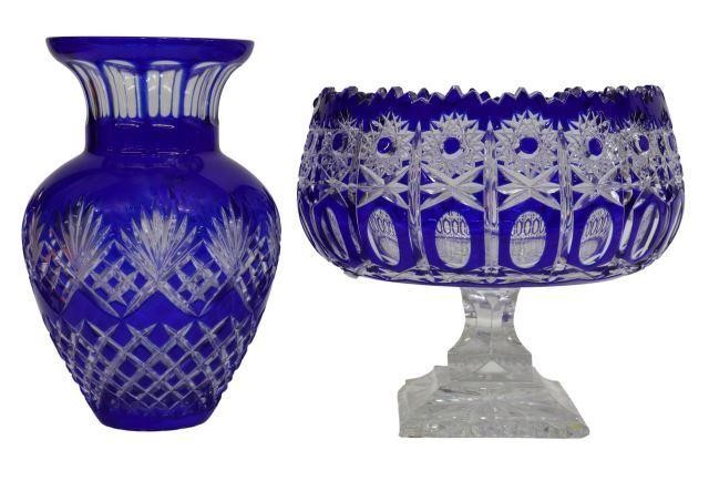  2 COBALT CUT TO CLEAR GLASS PEDESTAL 3592db