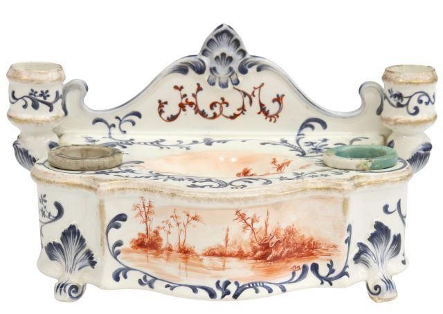 FRENCH FAIENCE DOUBLE INKWELL ENCRIER