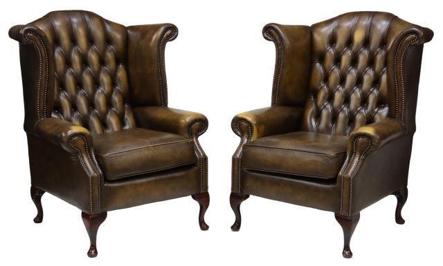  2 QUEEN ANNE STYLE LEATHER WINGBACK 3593b2