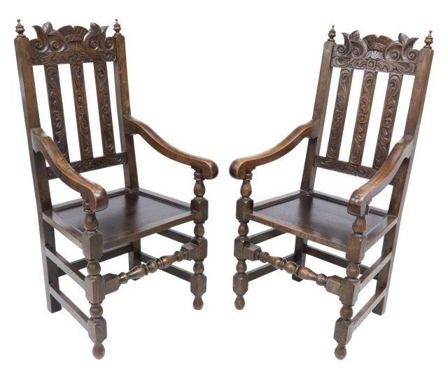  2 ENGLISH CARVED OAK ARMCHAIRS lot 3593bd