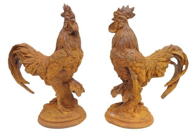 2 CAST IRON FIGURES OF ROOSTERS  3593ed