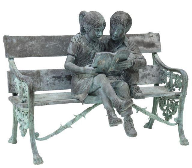 BRONZE GARDEN SCULPTURE BOY & GIRL ON